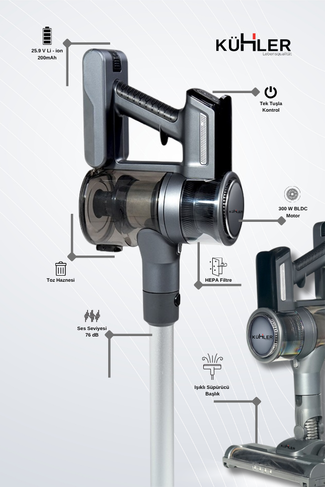 KH-V700 Metalik Gri Kablosuz Şarjlı Elektrikli Dikey Süpürge