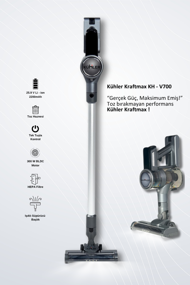 KH-V700 Metalik Gri Kablosuz Şarjlı Elektrikli Dikey Süpürge