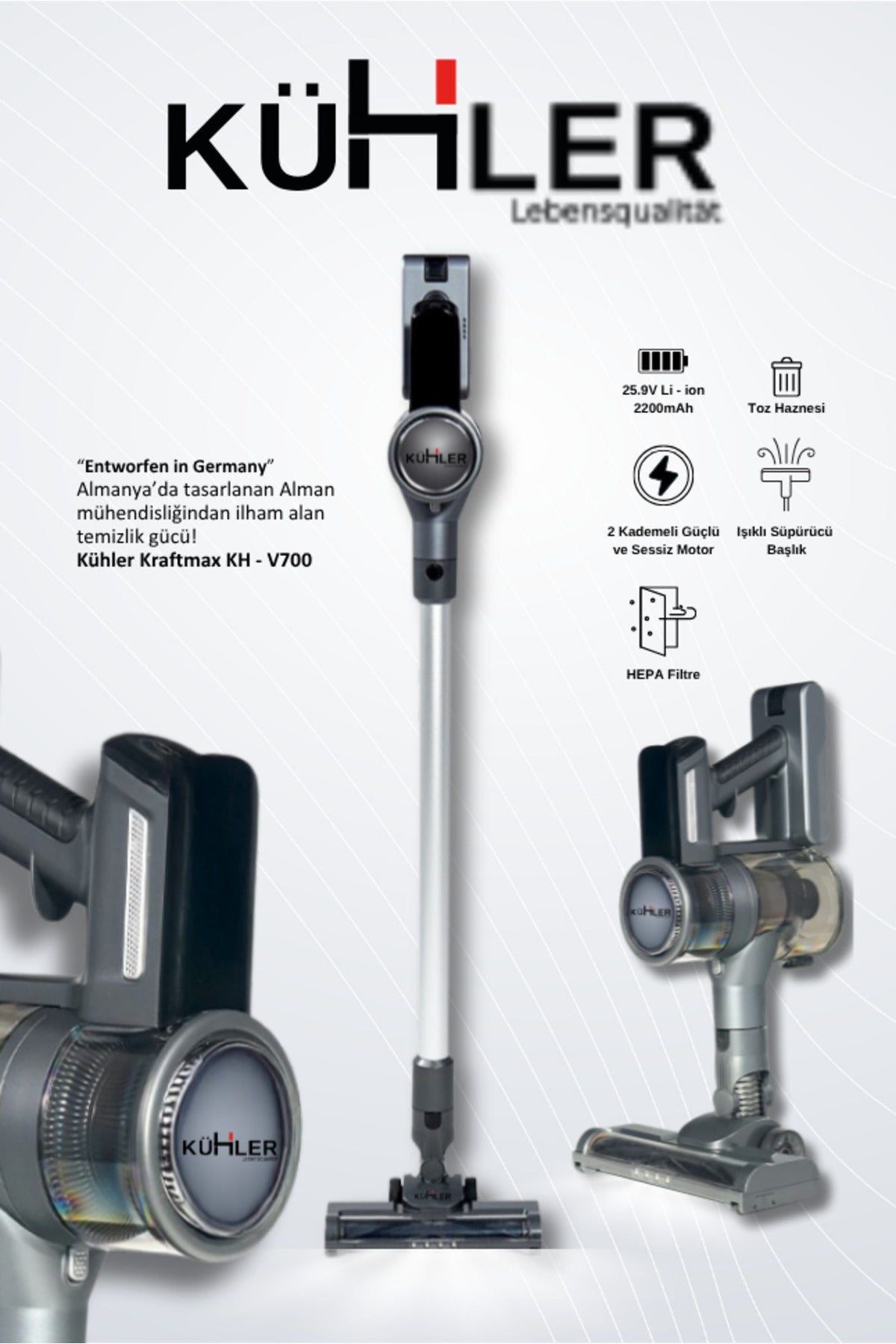 KH-V700 Metalik Gri Kablosuz Şarjlı Dikey Süpürge