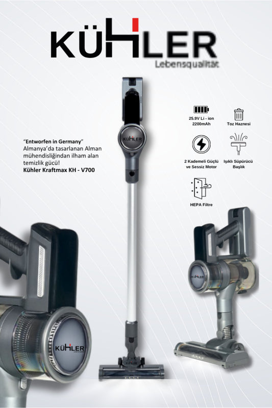 KH-V700 Metalik Gri Kablosuz Şarjlı Dikey Süpürge
