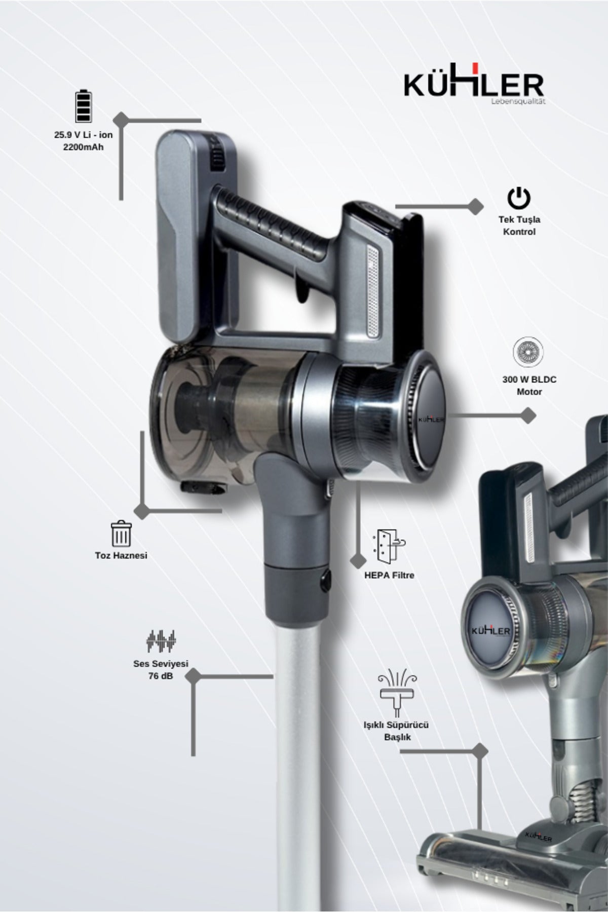 KH-V700 Metalik Gri Kablosuz Şarjlı Dikey Süpürge