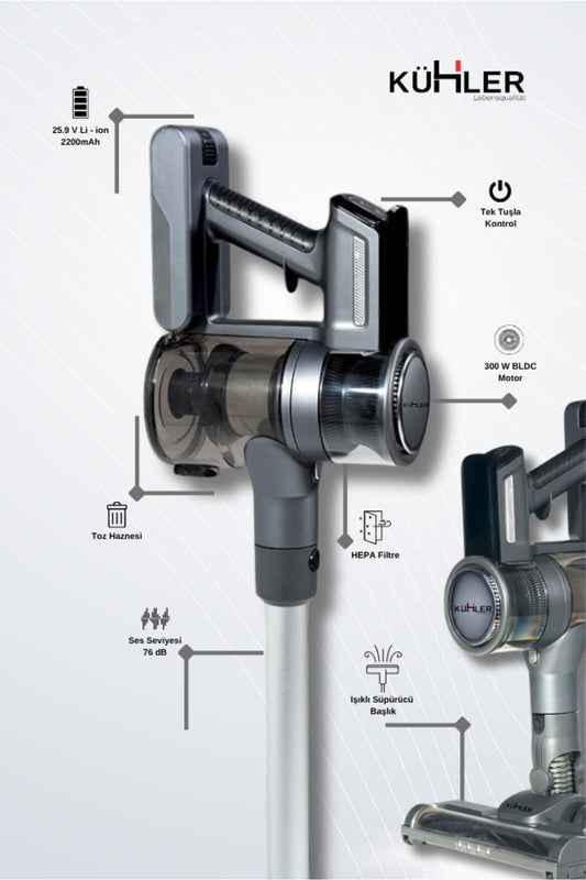 KH-V700 Metalik Gri Kablosuz Şarjlı Dikey Süpürge